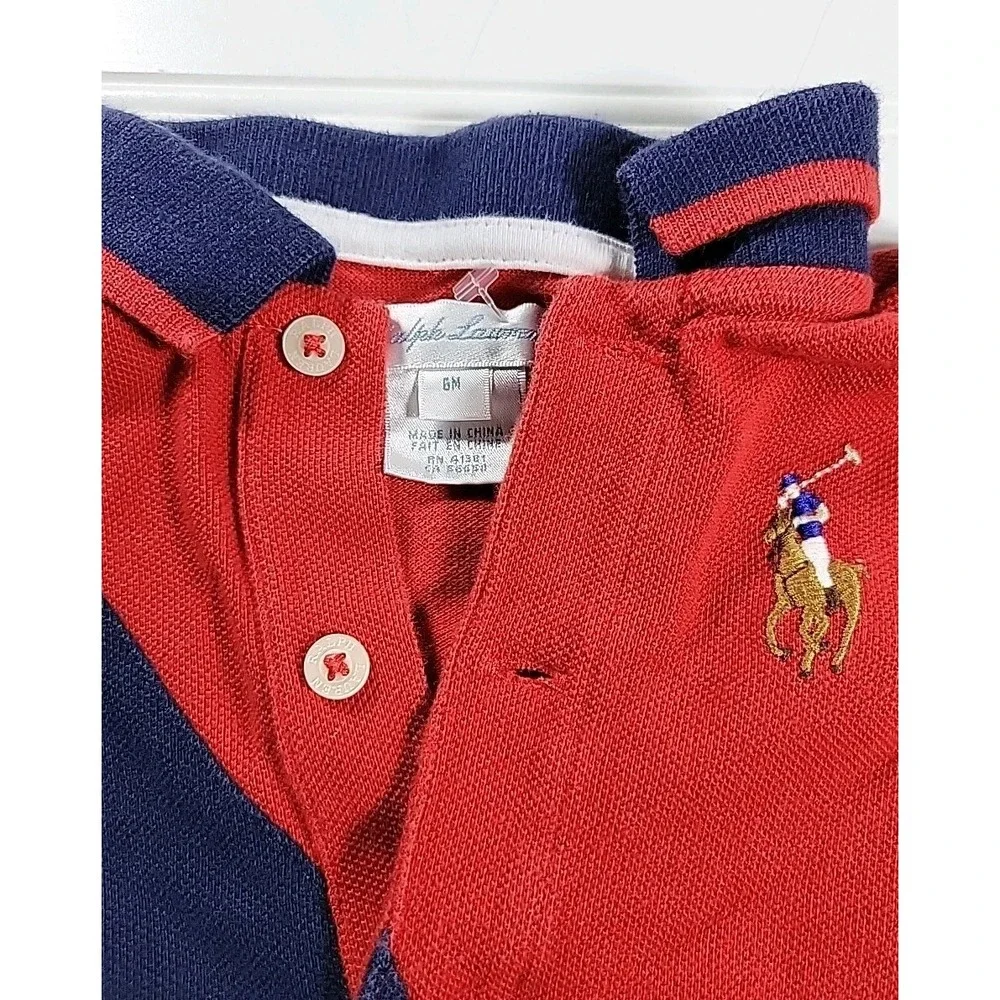 Ralph Lauren One Piece Baby 6 Months RED/BLUE LONG Sleeve Snap Closure Big Pony‎